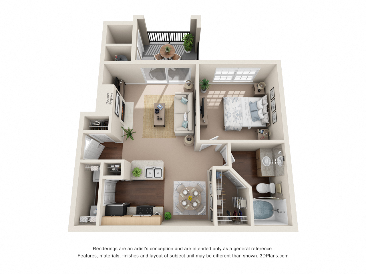 Floor plan for 1 bed, 1 bath, 692 sqft